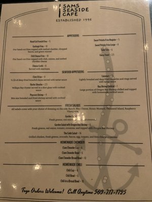 Menu photo 6 Sam's Seaside Cafe Seaside, OR