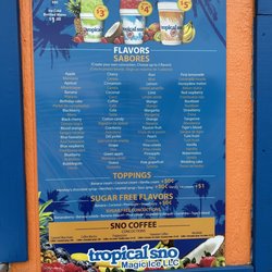 Magic Ice Tropical Sno - Menu of Individual flavors.