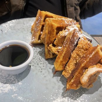Andrade’s Cafe By The Bay - Chicken and waffles with a specialty semi-spicy syrup (regular syrup offered as well) - Mexican Near Me - Long Beach, California