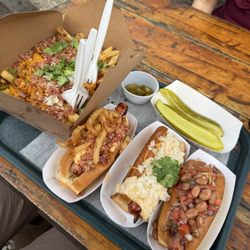 Dirty Fries, West Dennis Dog, Glendon Beach Dog, Sonoran Dog (left to right)