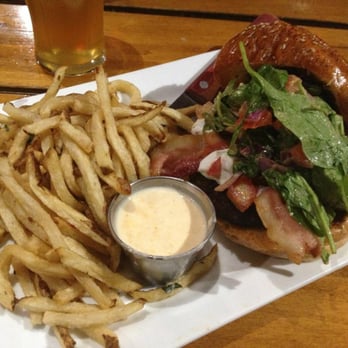 Eureka! - Fig Marmalade Burger with regular fries. I requested the truffle sauce from the Truffle Fries appetizer on the side. - Burgers Near Me - Claremont, California Eureka! - Fig Marmalade Burger with regular fries. I requested the truffle sauce from the Truffle Fries appetizer on the side. - Burgers Near Me - Claremont, California