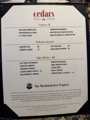 Menu photo 1 Cedars Steaks & Oysters Mashantucket, CT