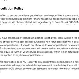 Copy of the cancellation policy she sent to me to remind me of her policy. Copy of the cancellation policy she sent to me to remind me of her policy.