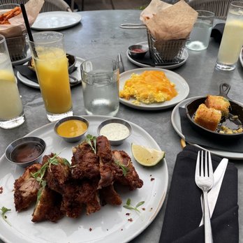Le Chick - Fried Chicken, scrambled eggs with cheese, cornbread and sweet potato fries. - Cocktail Bars Near Me - Miami, Florida Le Chick - Fried Chicken, scrambled eggs with cheese, cornbread and sweet potato fries. - Cocktail Bars Near Me - Miami, Florida