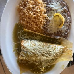Crispy Taco, Pork Tamales with green sauce beans and rice