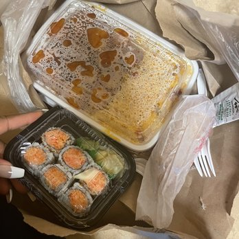 Yummy Kitchen Of Queens - General Tso's Chicken with Pork fried rice. Pork Egg Roll and a Spicy Crab Roll with spicy Mayo on the side. - Japanese Near Me - Heights, New York