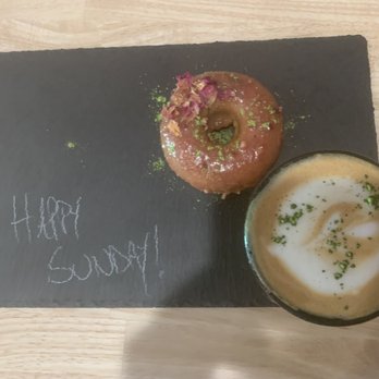 Original Barista - Strawberry Rose doughnut (V, GF) with matcha powder; salted maple latte with oat milk and matcha powder - Coffee & Tea Near Me - Costa Mesa, California