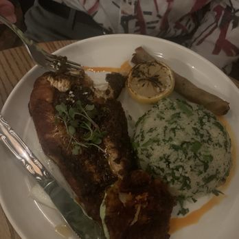 Levantine - Harrisa marinated salmon, couscous, (+appetizer of Sweet Potato Latkes, Moroccan cigar ) - Mediterranean Near Me - Brooklyn, New York