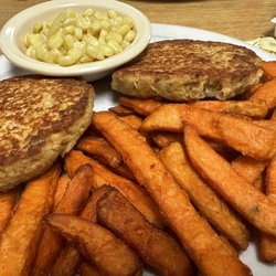 Bob's Lunch - Salmon patties with sweet potato fries and corn. So good. One of my favorites here if you can get it as they often sell out.
