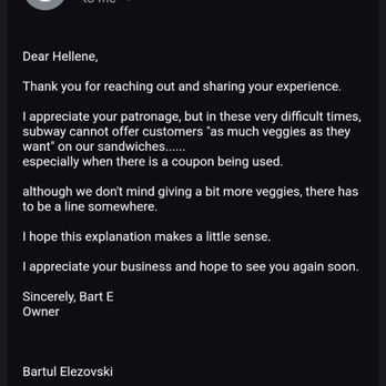Subway - So this is the response I received.....for a VEGGIE sandwich! Stick with Potbelly or Jimmy John's, my friends. - Sandwiches Near Me - Western Springs, Illinois Subway - So this is the response I received.....for a VEGGIE sandwich! Stick with Potbelly or Jimmy John's, my friends. - Sandwiches Near Me - Western Springs, Illinois