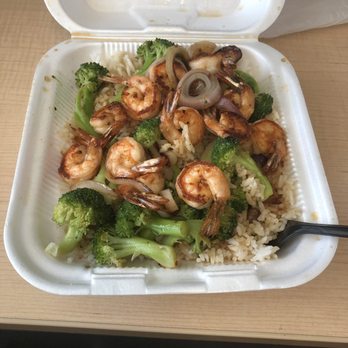 Peach Pit - Shrimp and Broccoli teriyaki over rice - Burgers Near Me - Fresno, California