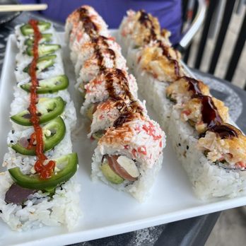 Ronin Sushi - Left to right: Baja Special Roll, Rising Sun Special Roll, BSCR Special Roll - Sushi Bars Near Me - Dublin, Ohio Ronin Sushi - Left to right: Baja Special Roll, Rising Sun Special Roll, BSCR Special Roll - Sushi Bars Near Me - Dublin, Ohio