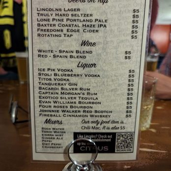 Lincolns - Menu. Cash only. Beer, wine, liquor, mixers. Chili mac is the only food item. - Lounges Near Me - Portland, Maine