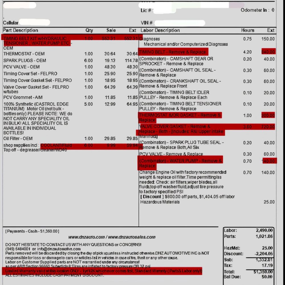 DNZ Automotive - Invoice, highlighting major repairs, causing overheating and the check light coming on next! - Auto Repair Near Me - Costa Mesa, California DNZ Automotive - Invoice, highlighting major repairs, causing overheating and the check light coming on next! - Auto Repair Near Me - Costa Mesa, California