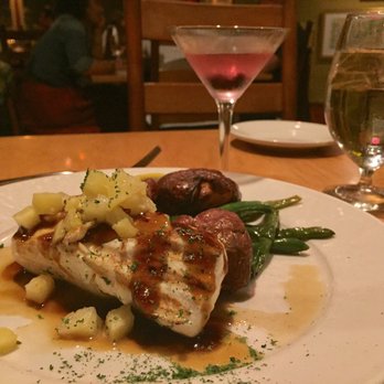 Galyn's - Fresh catch of the day - Halibut with roasted potatoes, green beans and a blueberry vodka martini. - Seafood Near Me - Bar Harbor, Maine