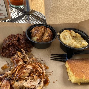 Mission BBQ - Meat sampler with brisket and pulled pork with 2 sides. - Barbeque Near Me - Orlando, Florida Mission BBQ - Meat sampler with brisket and pulled pork with 2 sides. - Barbeque Near Me - Orlando, Florida