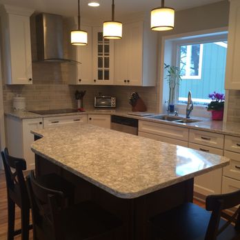 White Kitchen With Dark Island Cambria Quartz Countertop Color
