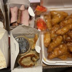 Hong Kong '97 - Orange chicken, pork egg foo young, bbq pork, white rice, and potstickers