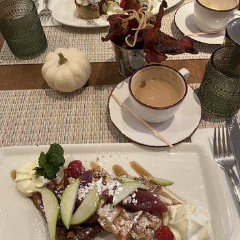 Belga Cafe - Banana Nutella Crepes, cappuccino, Liege Waffle & Red Wine Poached Pears, Latte - Belgian Near Me - Washington, DC, District of Columbia