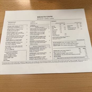 Beau's cafe - Menu - Beau's Cafe menu displays breakfast options such as the breakfast burrito and French omelette, lunch dishes including sandwiches, salads, and bowls, and a variety of drinks like espresso, latte, and cocktails. The menu is organized into sections with prices listed for each item, and includes options for both kids and adults. The menu emphasizes organic ingredients and a full bar service. - Breakfast & Brunch Near Me - Lexington, Kentucky