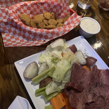 Burger Theory - Fried pickles w/ a spicy ranch they have.  & On their specials menu was Corned Beef - Burgers Near Me - Joliet, Illinois