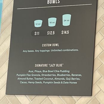 Blue Bowl Superfoods - The menu board - simple but oh so good!  Shakes are available as well... - Acai Bowls Near Me - Oceanside, California