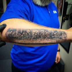Apex Tattoo Factory - Last supper design, forearm black and grey tattoo