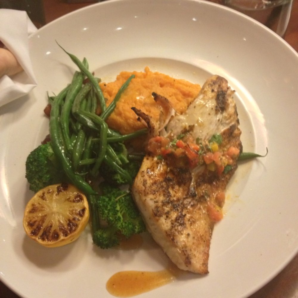 Seasons 52 - Mahi mahi with sweet potato mash and green beans, also mango chutney - New American Near Me - Schaumburg, Illinois Seasons 52 - Mahi mahi with sweet potato mash and green beans, also mango chutney - New American Near Me - Schaumburg, Illinois