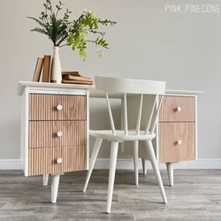 Pink Pinecone - Ivory painted vintage desk and chair, striations added to drawers, new hardware