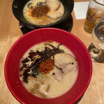 IPPUDO 5th Avenue - ramen . Black bowl: spicy, red bowl: with signature garlic sauce. - Ramen Near Me - New York, New York
