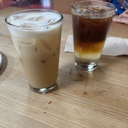 ICED BROWN BUTTER MISO CARAMEL LATTE w/ Cold Foam and espresso tonic