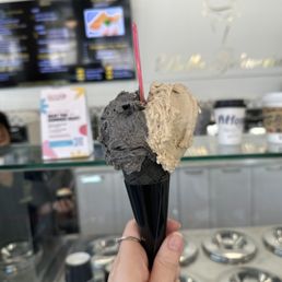black sesame and london fog (earl gray) on a charcoal cone black sesame and london fog (earl gray) on a charcoal cone