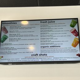 Smoothie and fresh juice menu