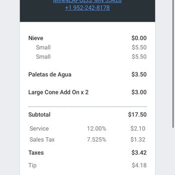 La Michoacana Rose - Our bill for 2 small waffle cones and an Oreo ice cream bar - Ice Cream & Frozen Yogurt Near Me - Minneapolis, Minnesota La Michoacana Rose - Our bill for 2 small waffle cones and an Oreo ice cream bar - Ice Cream & Frozen Yogurt Near Me - Minneapolis, Minnesota