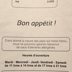 Maï Thaï - Boissons et heures d'ouverture