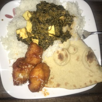 Curry House - Palak Paneer over Basmati Rice, Gobi Manchurian, and Plain Naan - Indian Near Me - Wake Forest, North Carolina