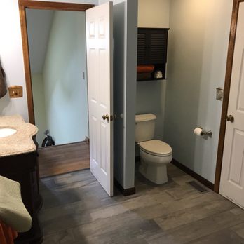 AMIDONIAN - New plank tile and vanity gives this bathroom in Marengo a new vibe. - Kitchen & Bath Near Me - Delaware, Ohio AMIDONIAN - New plank tile and vanity gives this bathroom in Marengo a new vibe. - Kitchen & Bath Near Me - Delaware, Ohio