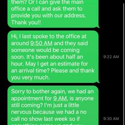 Text messages sent regarding missed appointment time for the rescheduled appointment on 4/5/2021. Please see time stamps inquiring ETA.