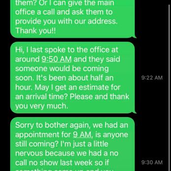 Two Rivers Roofing - Text messages sent regarding missed appointment time for the rescheduled appointment on 4/5/2021. Please see time stamps inquiring ETA. - Roofing Near Me - Roseville, California