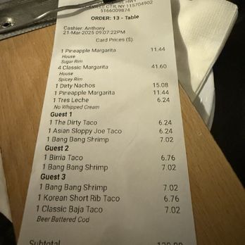 Dirty Taco and Tequila - Rockville Centre - The bill for 3 people not bad actually for 5 drinks included too - Tacos Near Me - Rockville Centre, New York