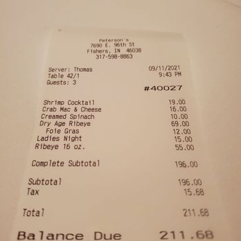 Peterson's - End of the night bill - Steakhouses Near Me - Fishers, Indiana