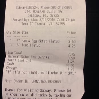 Subway - The receipt..... - Sandwiches Near Me - Deltona, Florida Subway - The receipt..... - Sandwiches Near Me - Deltona, Florida