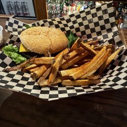 Cheeseburger and house fries.