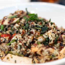 Ancient Grains with chicken, shrimp, tomatoes and garlic.