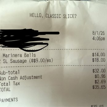 Classic Slice - my receipt showing the two $9 slices of pizza and the $18 side of meatballs - Pizza Near Me - Milwaukee, Wisconsin