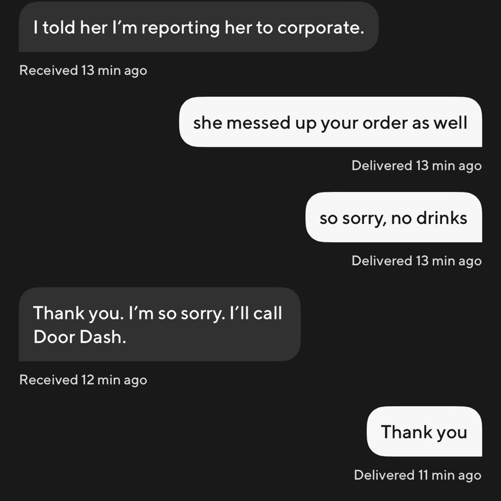 Texts between customer about wait time and service. Texts between customer about wait time and service.