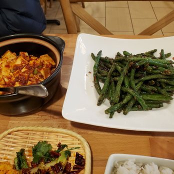Chuan Cafe - (Left) V1. Mapo Tofu, (Right) V3. Dry-Fried String Beans - Szechuan Near Me - Raleigh, North Carolina