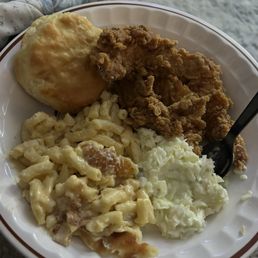 Chicken tenders, Mac n cheese, coleslaw, biscuit