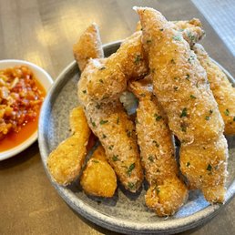 The fried garlic bread with Parmesan and bomba sauce. DIVINE.