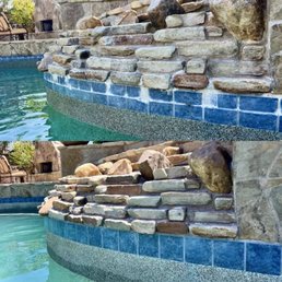 Pool tile and waterfall before and after. Pool tile and waterfall before and after.